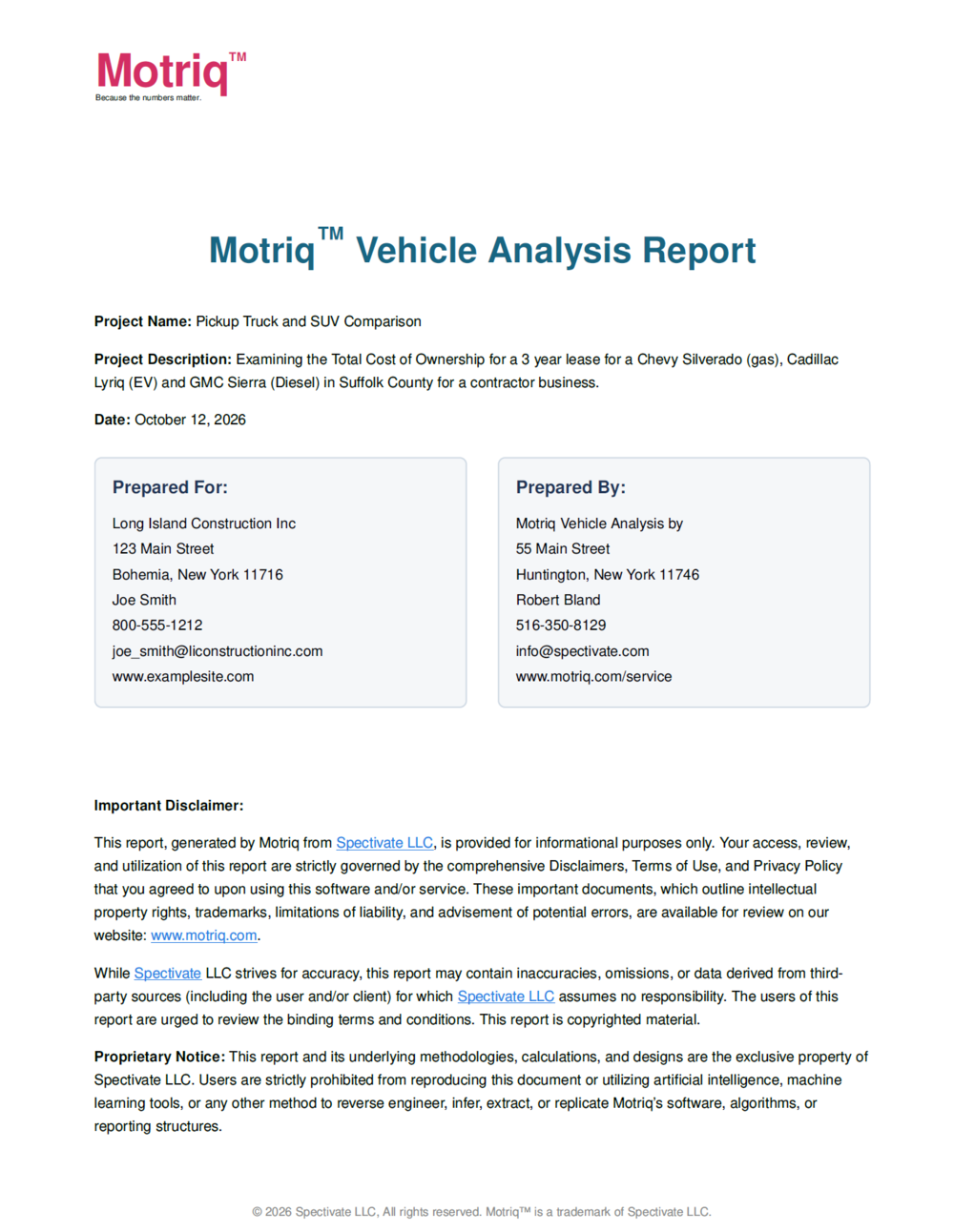 Cover of a professionally prepared Motriq vehicle analysis report.